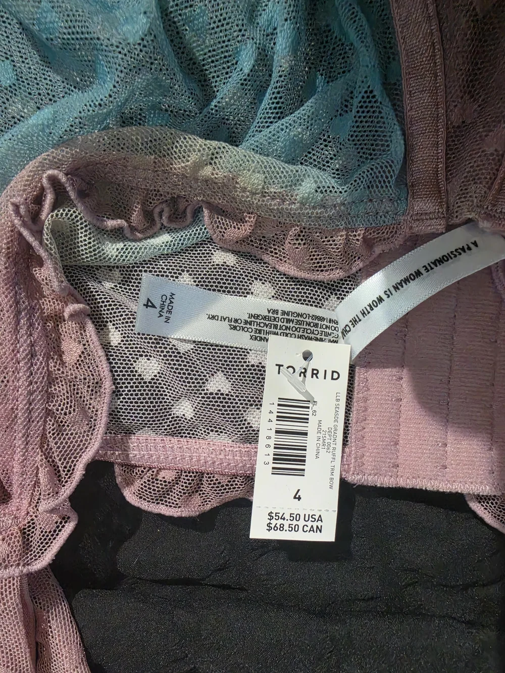 torrid Pink Teal Ombre Sheer Ruffle Underwire Bra & Brief Set